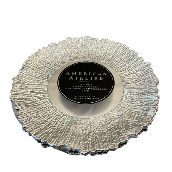 American Atelier Silver Sunbeam Charger Plates 13in Ruffled Rim Set of 4 New - Picture 5 of 15